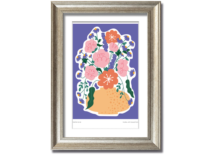 A beautifully framed print of a vase filled with colorful flowers against a lilac background, showcasing vibrant colors and elegant design.