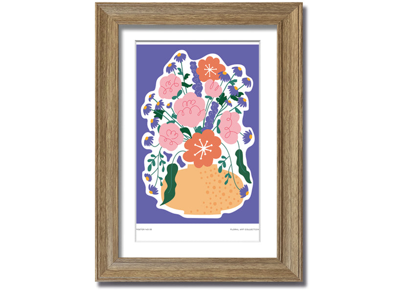 A beautifully framed print of a vase filled with colorful flowers against a lilac background, showcasing vibrant colors and elegant design.