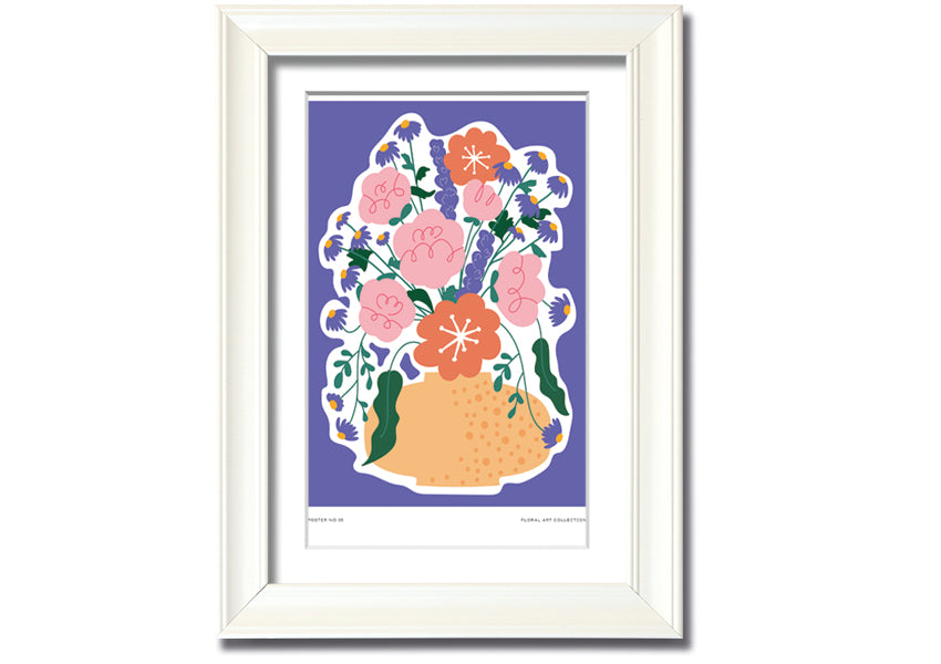 A beautifully framed print of a vase filled with colorful flowers against a lilac background, showcasing vibrant colors and elegant design.