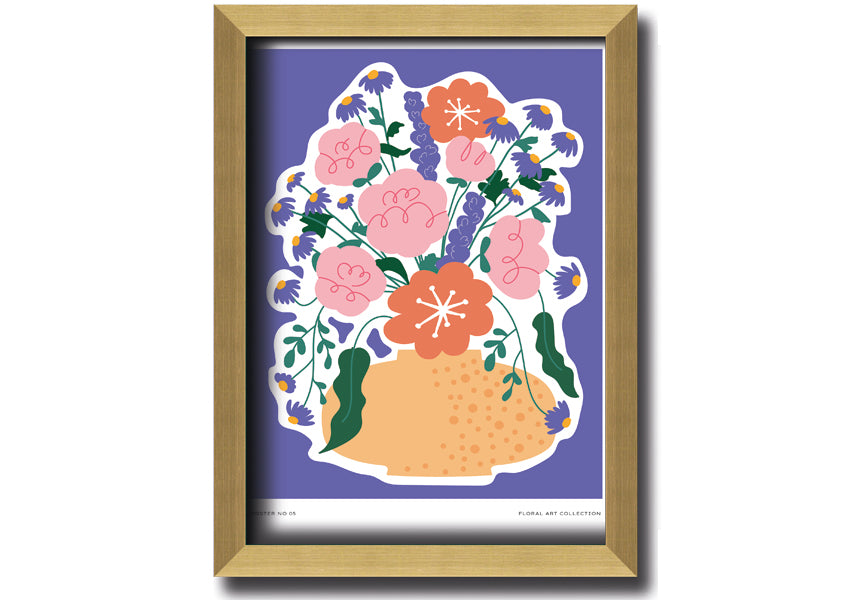 A beautifully framed print of a vase filled with colorful flowers against a lilac background, showcasing vibrant colors and elegant design.