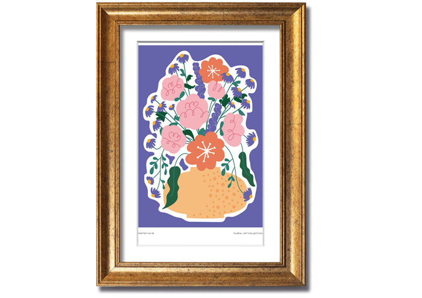 A beautifully framed print of a vase filled with colorful flowers against a lilac background, showcasing vibrant colors and elegant design.