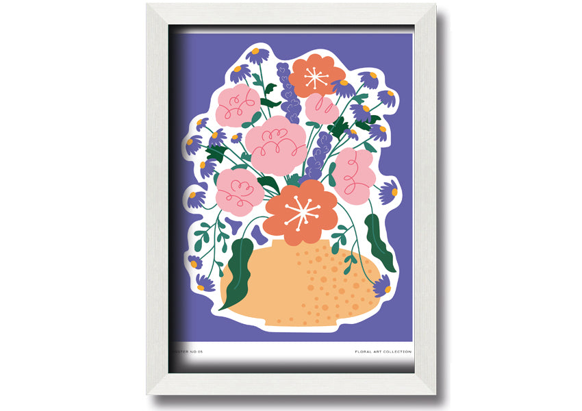 A beautifully framed print of a vase filled with colorful flowers against a lilac background, showcasing vibrant colors and elegant design.