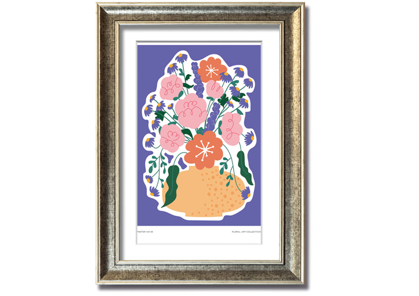 A beautifully framed print of a vase filled with colorful flowers against a lilac background, showcasing vibrant colors and elegant design.