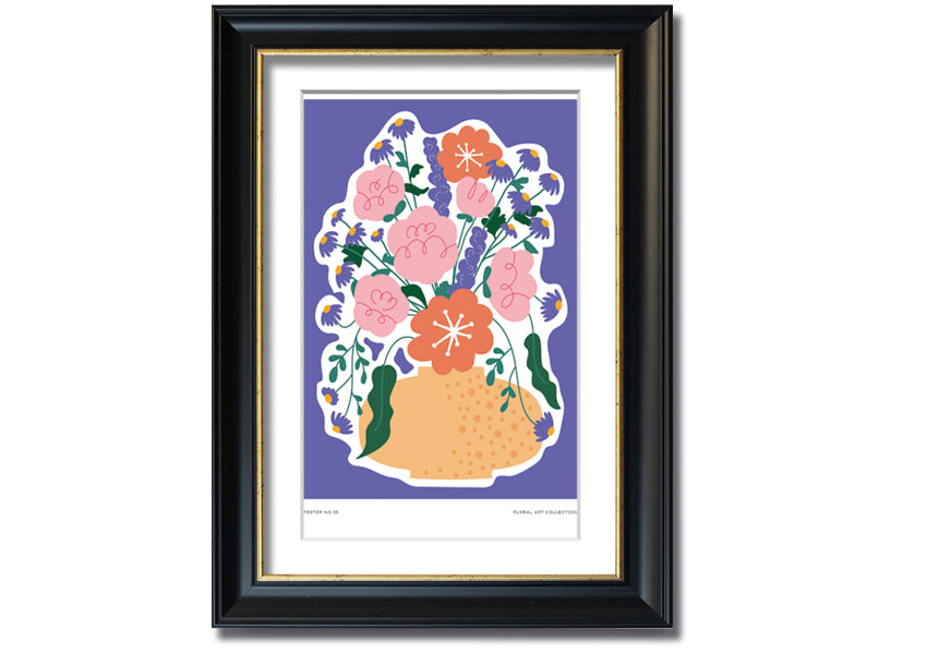 A beautifully framed print of a vase filled with colorful flowers against a lilac background, showcasing vibrant colors and elegant design.