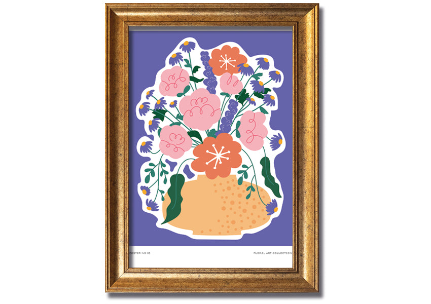 A beautifully framed print of a vase filled with colorful flowers against a lilac background, showcasing vibrant colors and elegant design.