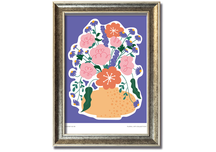 A beautifully framed print of a vase filled with colorful flowers against a lilac background, showcasing vibrant colors and elegant design.