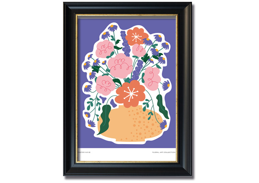 A beautifully framed print of a vase filled with colorful flowers against a lilac background, showcasing vibrant colors and elegant design.