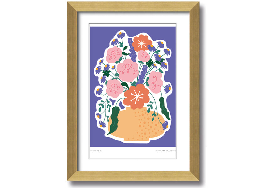 A beautifully framed print of a vase filled with colorful flowers against a lilac background, showcasing vibrant colors and elegant design.