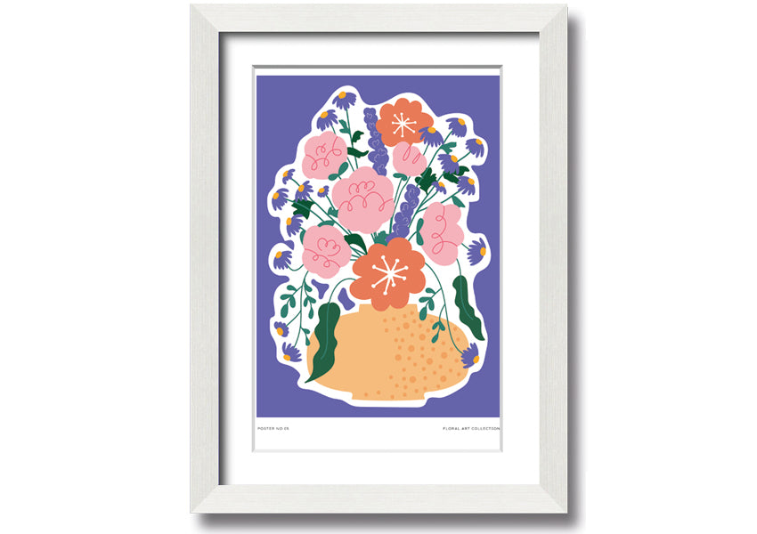 A beautifully framed print of a vase filled with colorful flowers against a lilac background, showcasing vibrant colors and elegant design.