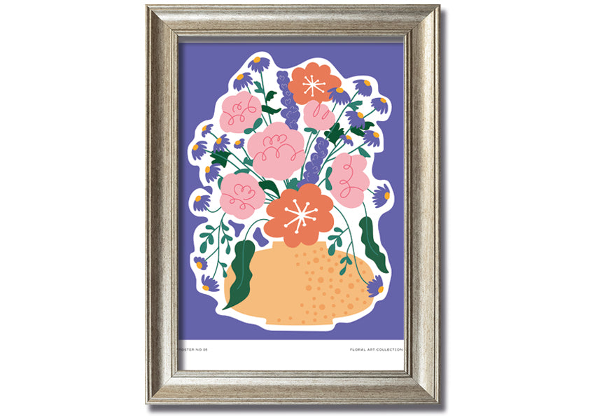 A beautifully framed print of a vase filled with colorful flowers against a lilac background, showcasing vibrant colors and elegant design.