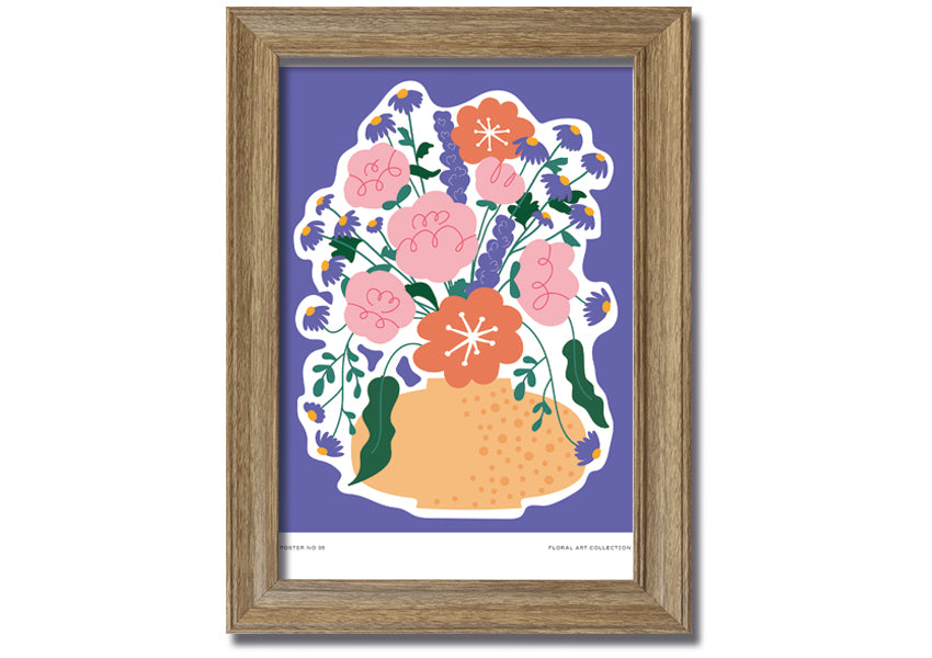 A beautifully framed print of a vase filled with colorful flowers against a lilac background, showcasing vibrant colors and elegant design.