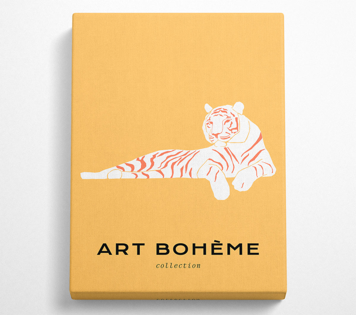 A vibrant canvas art piece featuring a white tiger on a bright yellow background, mounted on a sturdy box frame, ready to hang.