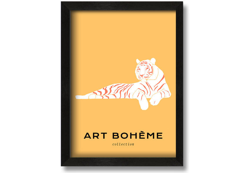 Framed print of a white tiger on a vibrant yellow background, showcasing intricate details and colors.