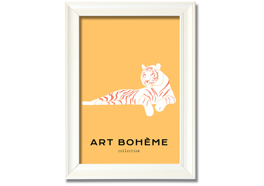 Framed print of a white tiger on a vibrant yellow background, showcasing intricate details and colors.