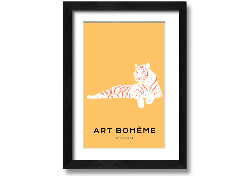 Framed print of a white tiger on a vibrant yellow background, showcasing intricate details and colors.