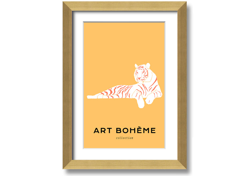 Framed print of a white tiger on a vibrant yellow background, showcasing intricate details and colors.