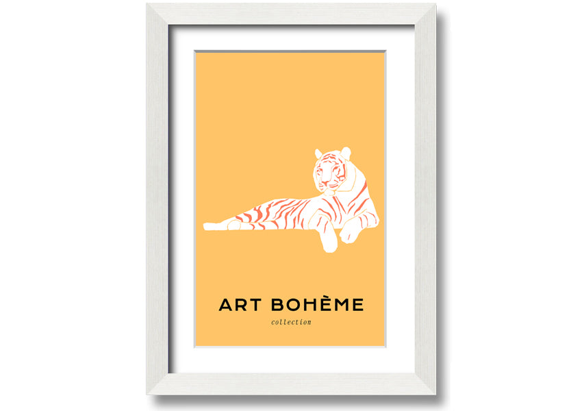 Framed print of a white tiger on a vibrant yellow background, showcasing intricate details and colors.