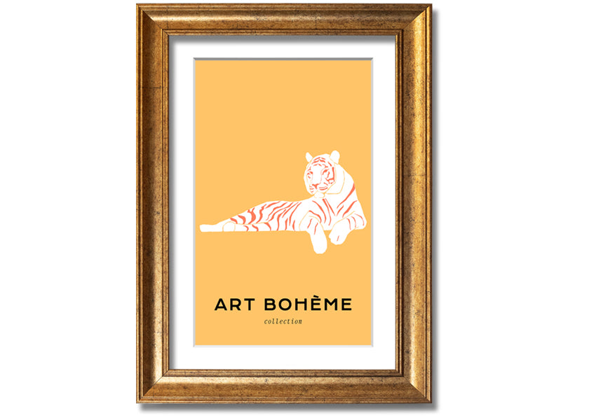 Framed print of a white tiger on a vibrant yellow background, showcasing intricate details and colors.