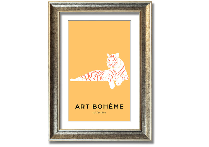 Framed print of a white tiger on a vibrant yellow background, showcasing intricate details and colors.