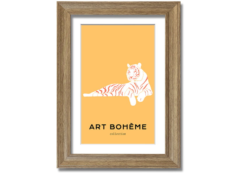 Framed print of a white tiger on a vibrant yellow background, showcasing intricate details and colors.