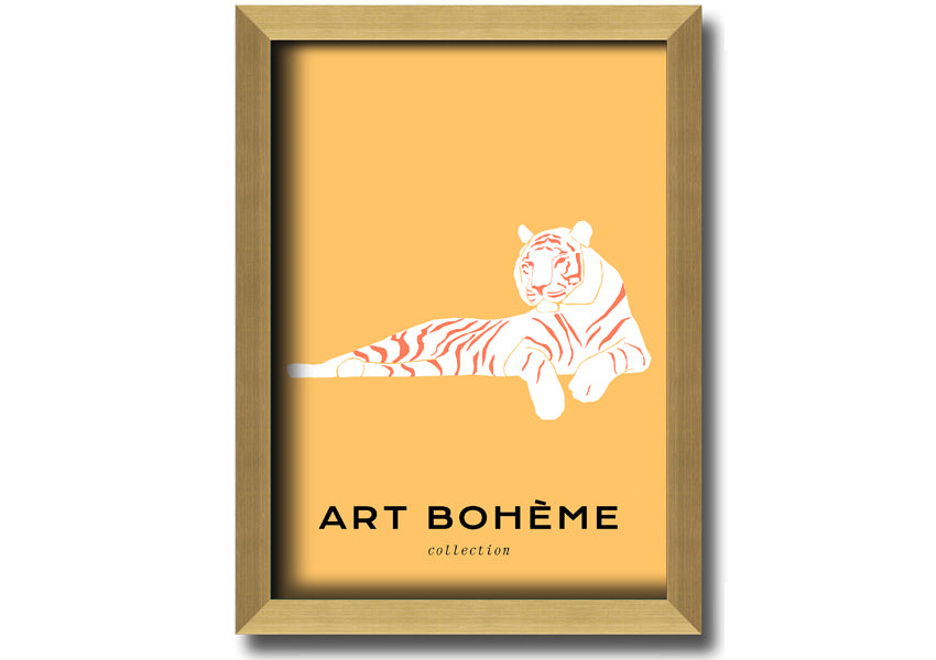 Framed print of a white tiger on a vibrant yellow background, showcasing intricate details and colors.