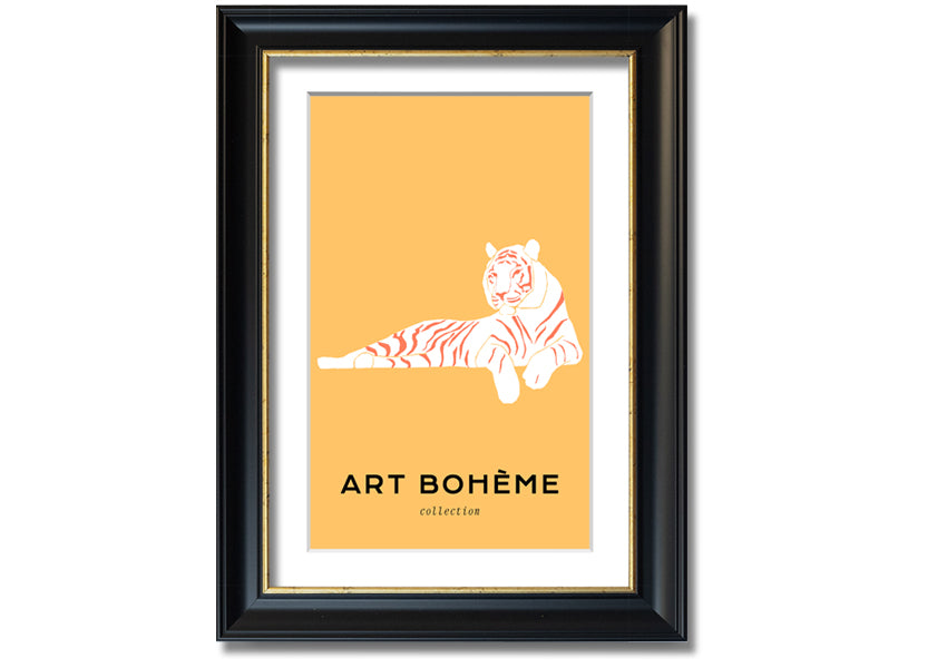 Framed print of a white tiger on a vibrant yellow background, showcasing intricate details and colors.