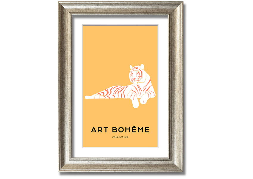 Framed print of a white tiger on a vibrant yellow background, showcasing intricate details and colors.