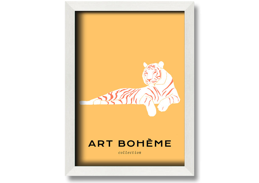 Framed print of a white tiger on a vibrant yellow background, showcasing intricate details and colors.