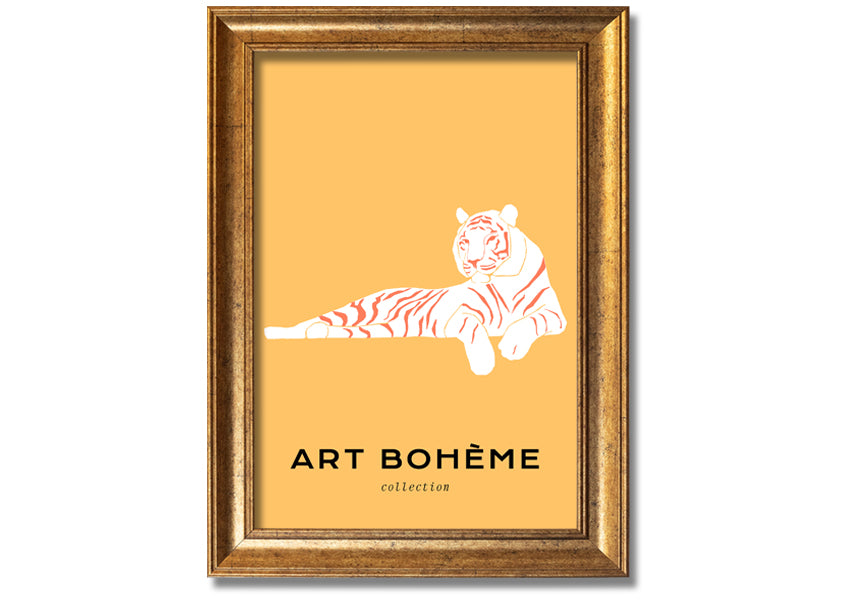 Framed print of a white tiger on a vibrant yellow background, showcasing intricate details and colors.