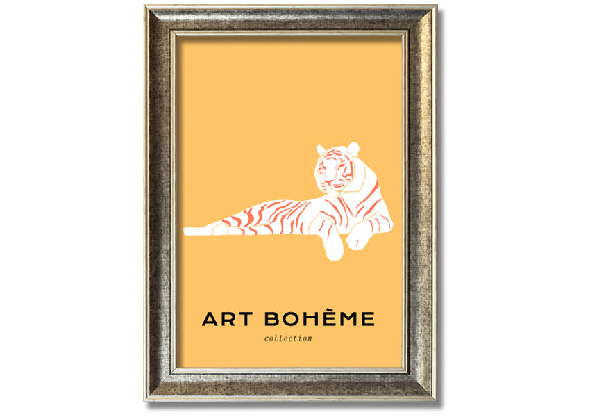 Framed print of a white tiger on a vibrant yellow background, showcasing intricate details and colors.