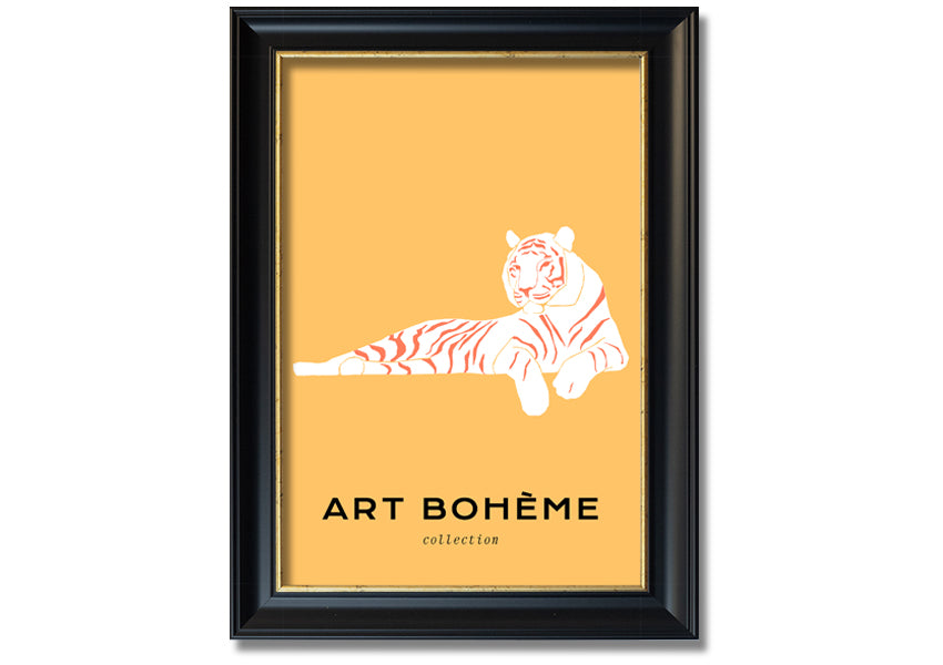 Framed print of a white tiger on a vibrant yellow background, showcasing intricate details and colors.