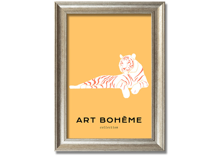 Framed print of a white tiger on a vibrant yellow background, showcasing intricate details and colors.