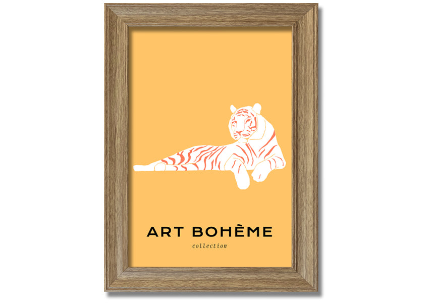 Framed print of a white tiger on a vibrant yellow background, showcasing intricate details and colors.