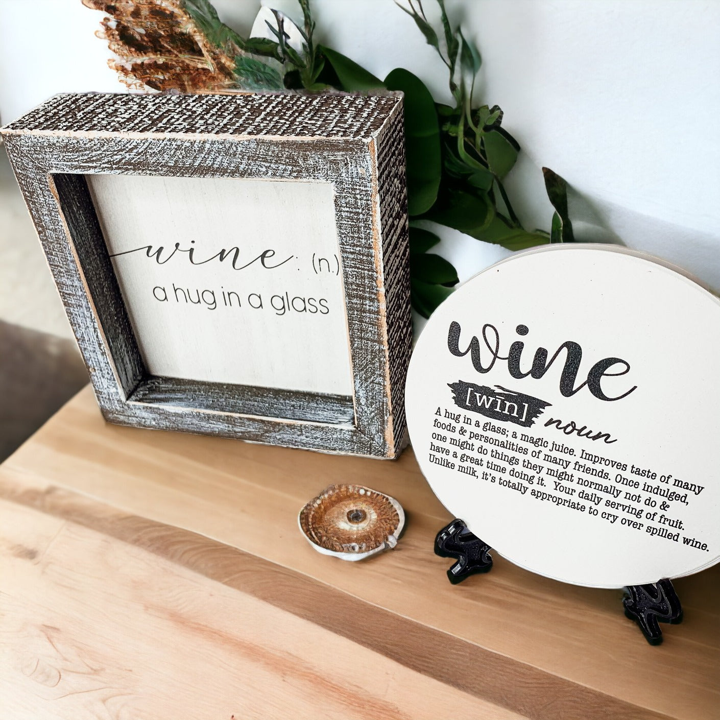 A decorative piece featuring a witty quote about wine, perfect for wine lovers, measuring 5x5x1.5 inches.