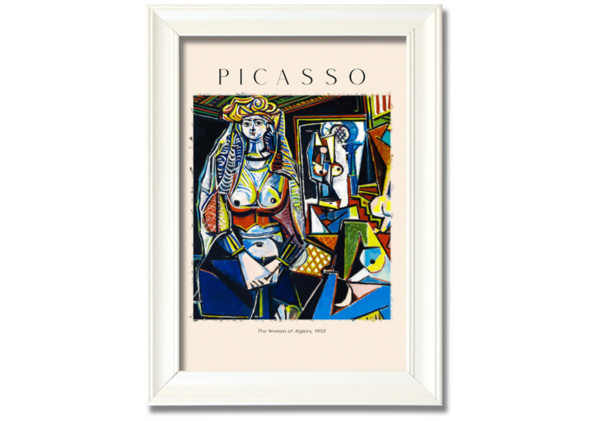 A vibrant canvas print of Picasso's 'The Women Of Algiers, 1955', mounted on a 44mm box frame, showcasing intricate details and colors.