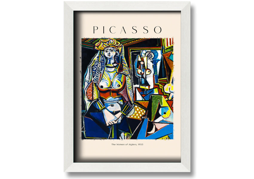 A vibrant canvas print of Picasso's 'The Women Of Algiers, 1955', mounted on a 44mm box frame, showcasing intricate details and colors.