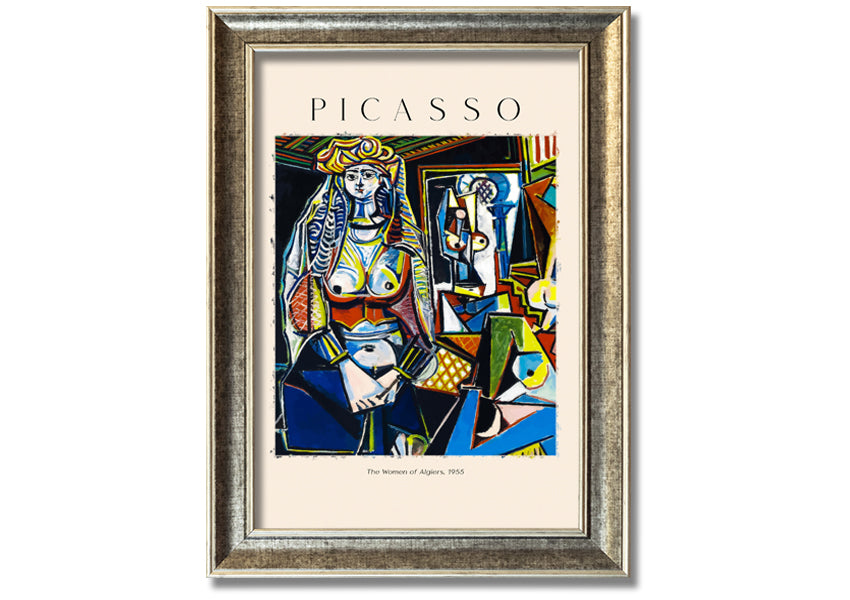 A vibrant canvas print of Picasso's 'The Women Of Algiers, 1955', mounted on a 44mm box frame, showcasing intricate details and colors.