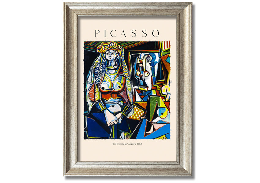 A vibrant canvas print of Picasso's 'The Women Of Algiers, 1955', mounted on a 44mm box frame, showcasing intricate details and colors.