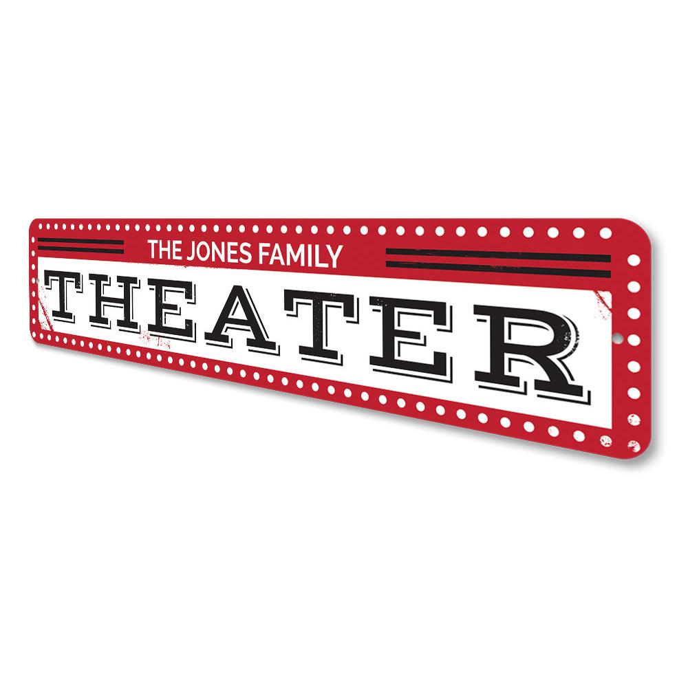 Customizable aluminum theater sign with pre-drilled holes for easy mounting, showcasing quality craftsmanship and personalized design options.