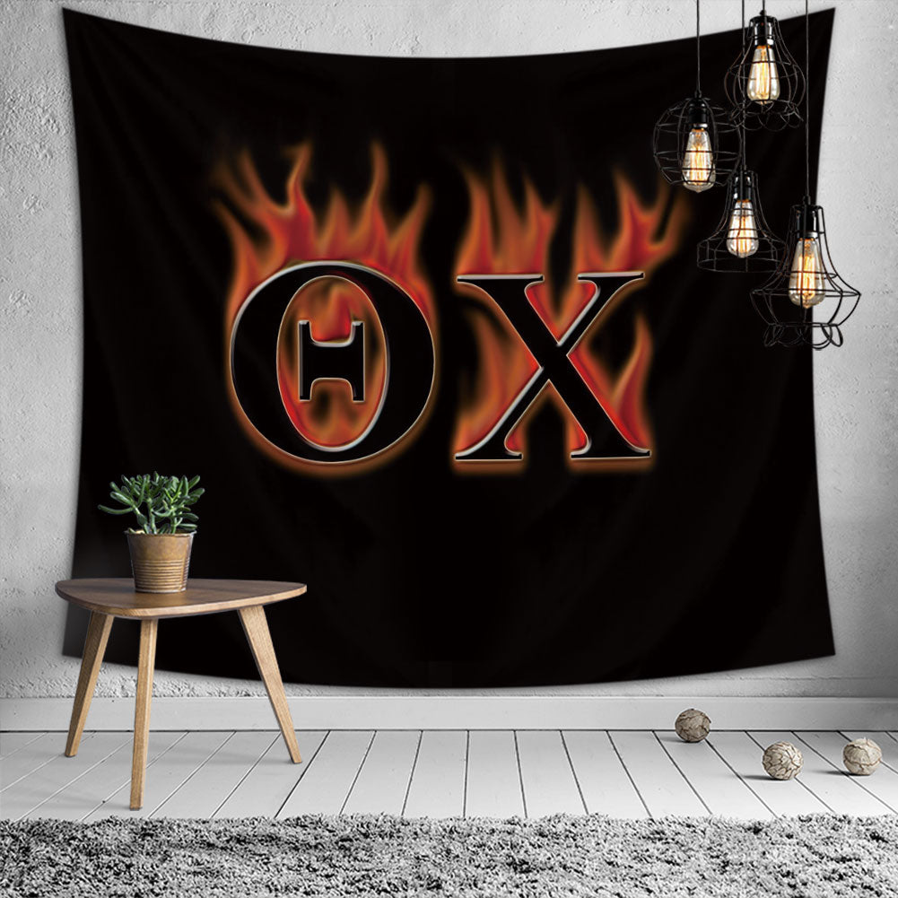 Theta Chi Greek Letter Customized Tapestry featuring vibrant letters on fire design, made of soft and durable polyester fabric.