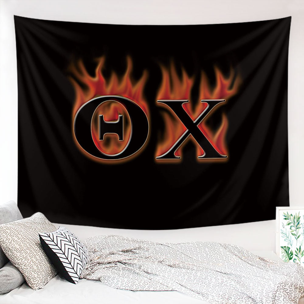 Theta Chi Greek Letter Customized Tapestry featuring vibrant letters on fire design, made of soft and durable polyester fabric.