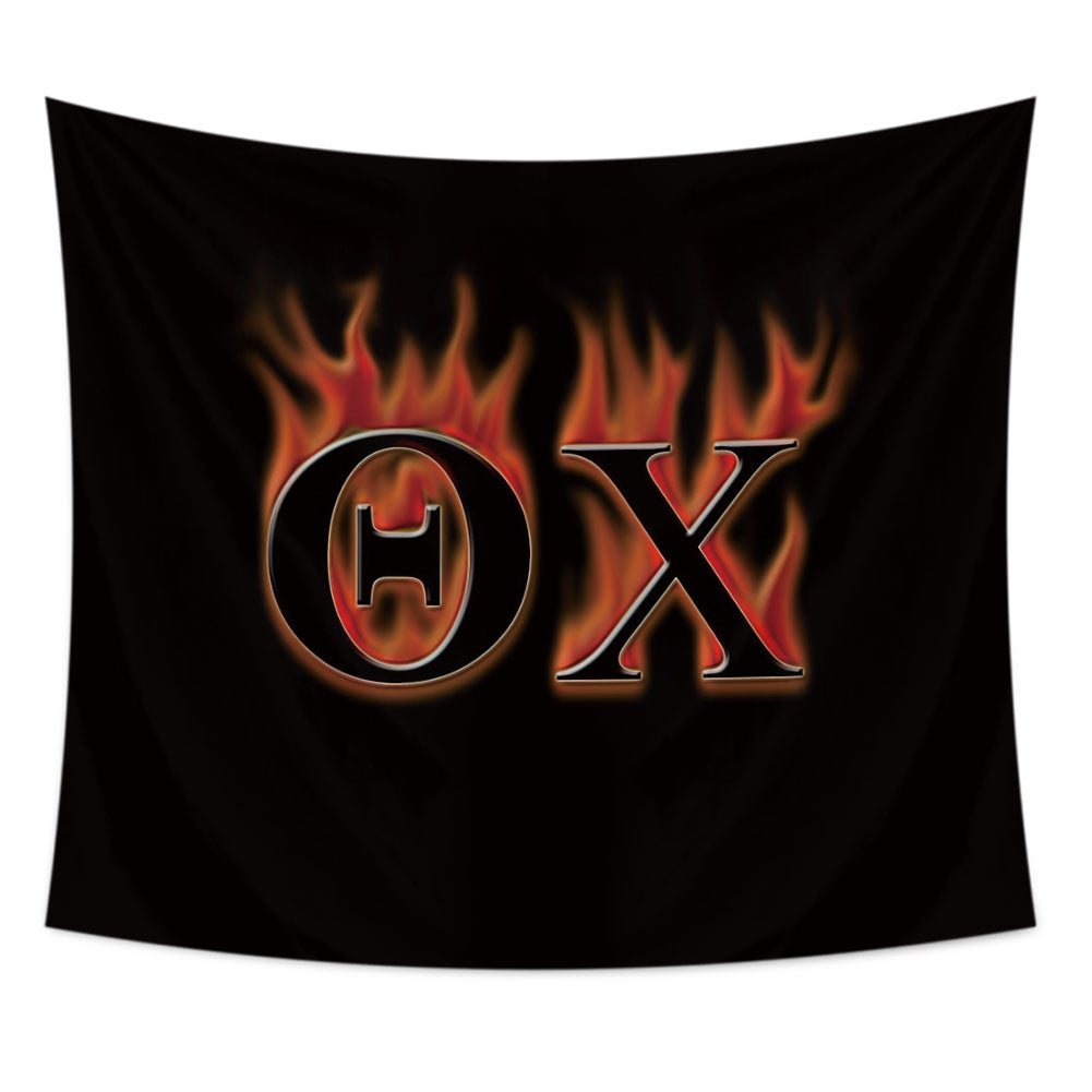 Theta Chi Greek Letter Customized Tapestry featuring vibrant letters on fire design, made of soft and durable polyester fabric.