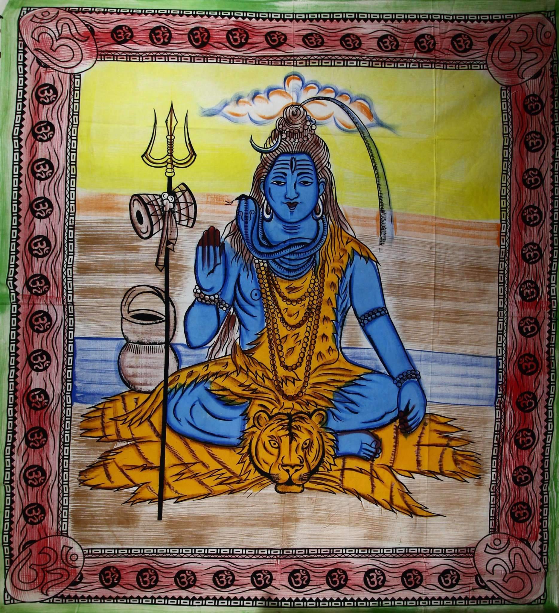 A vibrant tapestry featuring Lord Shiva with Trishul and Om, showcasing intricate designs and rich colors, perfect for spiritual decor.