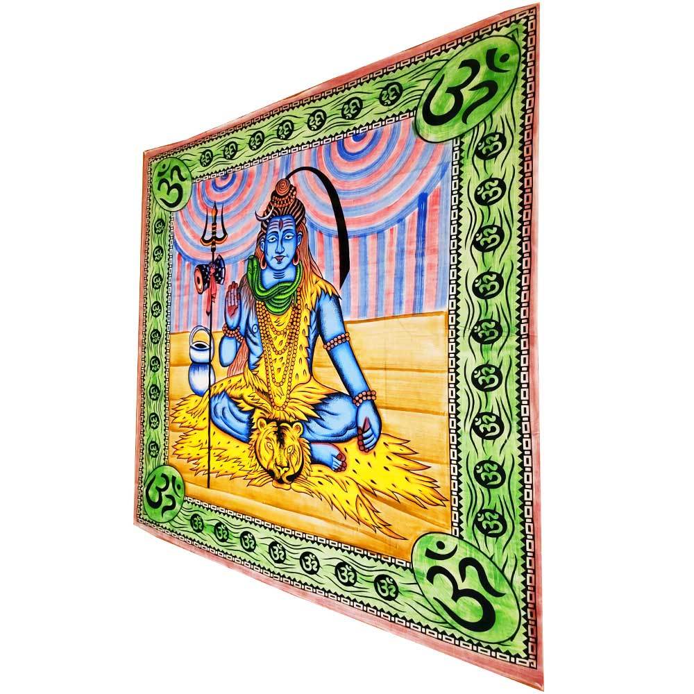 A vibrant tapestry featuring Lord Shiva with Trishul and Om, showcasing intricate designs and rich colors, perfect for spiritual decor.