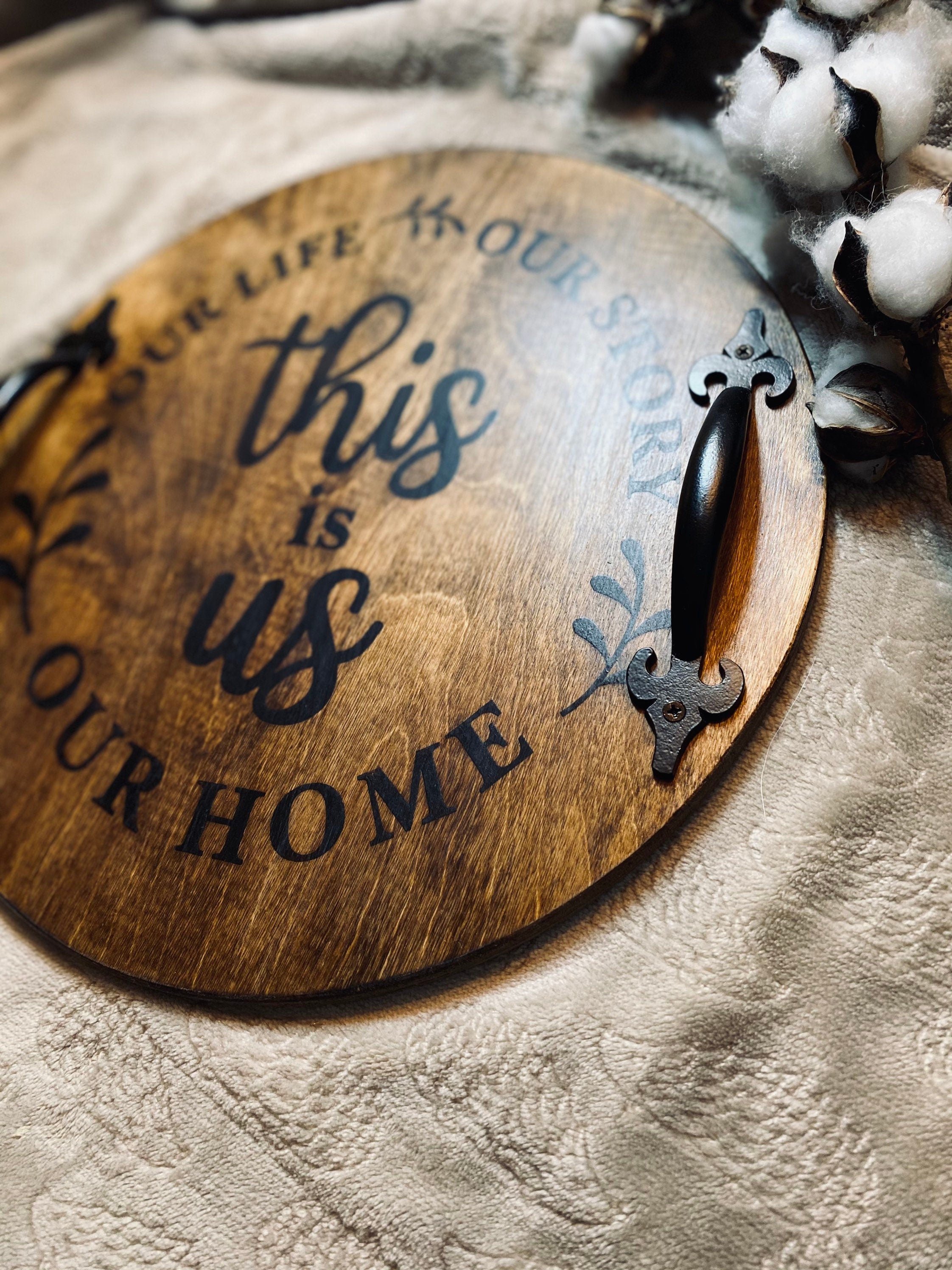 Handmade wood serving tray with black metal handles, stained in cherry or chestnut, featuring a heartfelt sentiment burned into the wood.