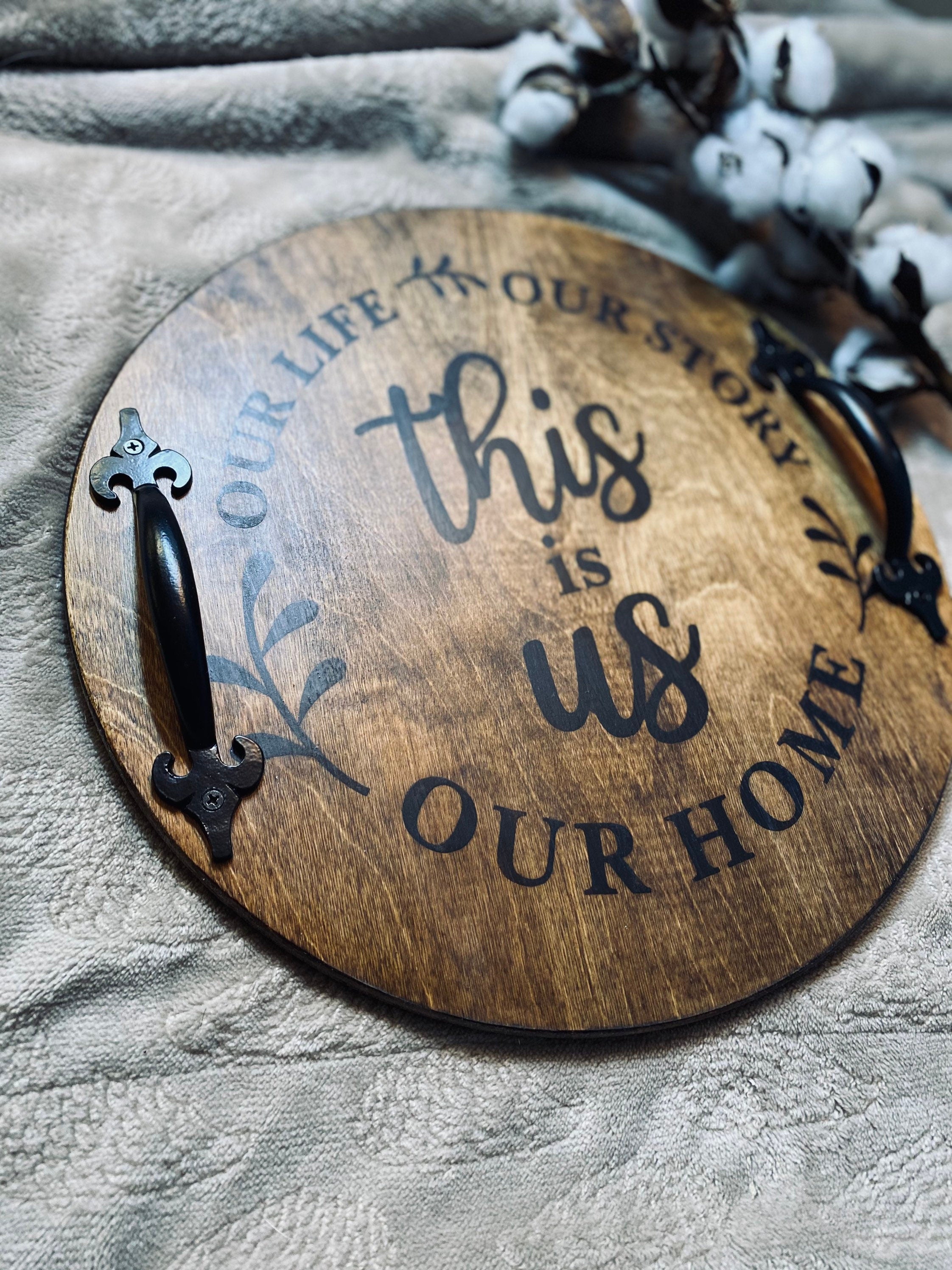 Handmade wood serving tray with black metal handles, stained in cherry or chestnut, featuring a heartfelt sentiment burned into the wood.