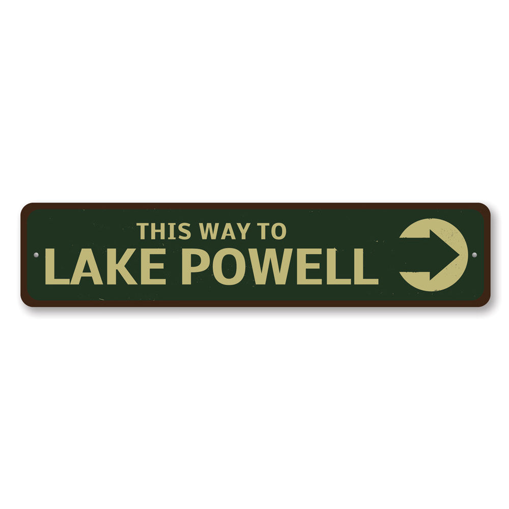 A decorative This Way To Lake Sign made of high-quality aluminum, featuring customizable text, ideal for lakehouse decor.