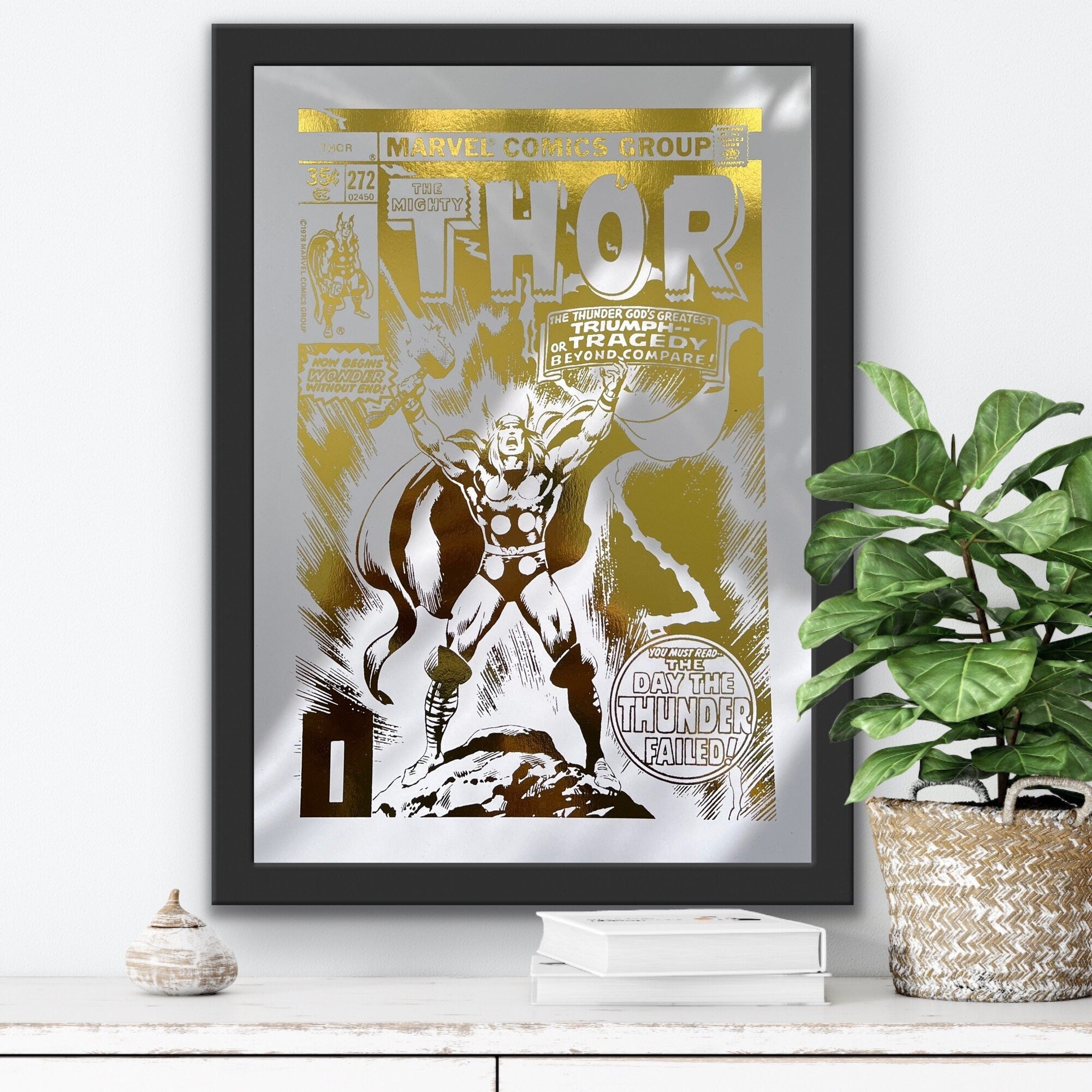 Thor Comic Cover Foil Print featuring the God of Thunder in vibrant colors with a metallic finish.