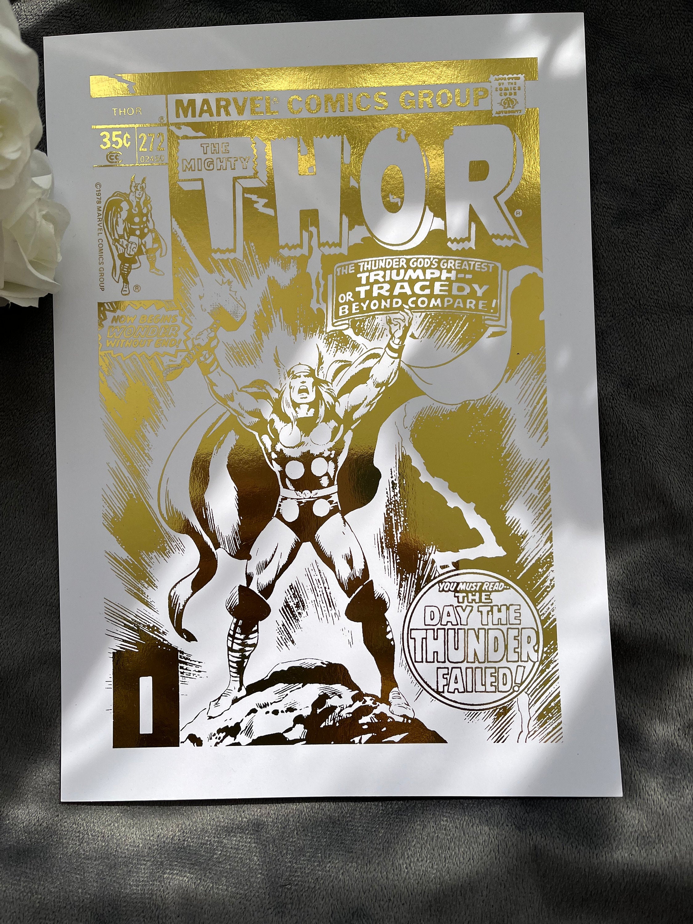 Thor Comic Cover Foil Print featuring the God of Thunder in vibrant colors with a metallic finish.