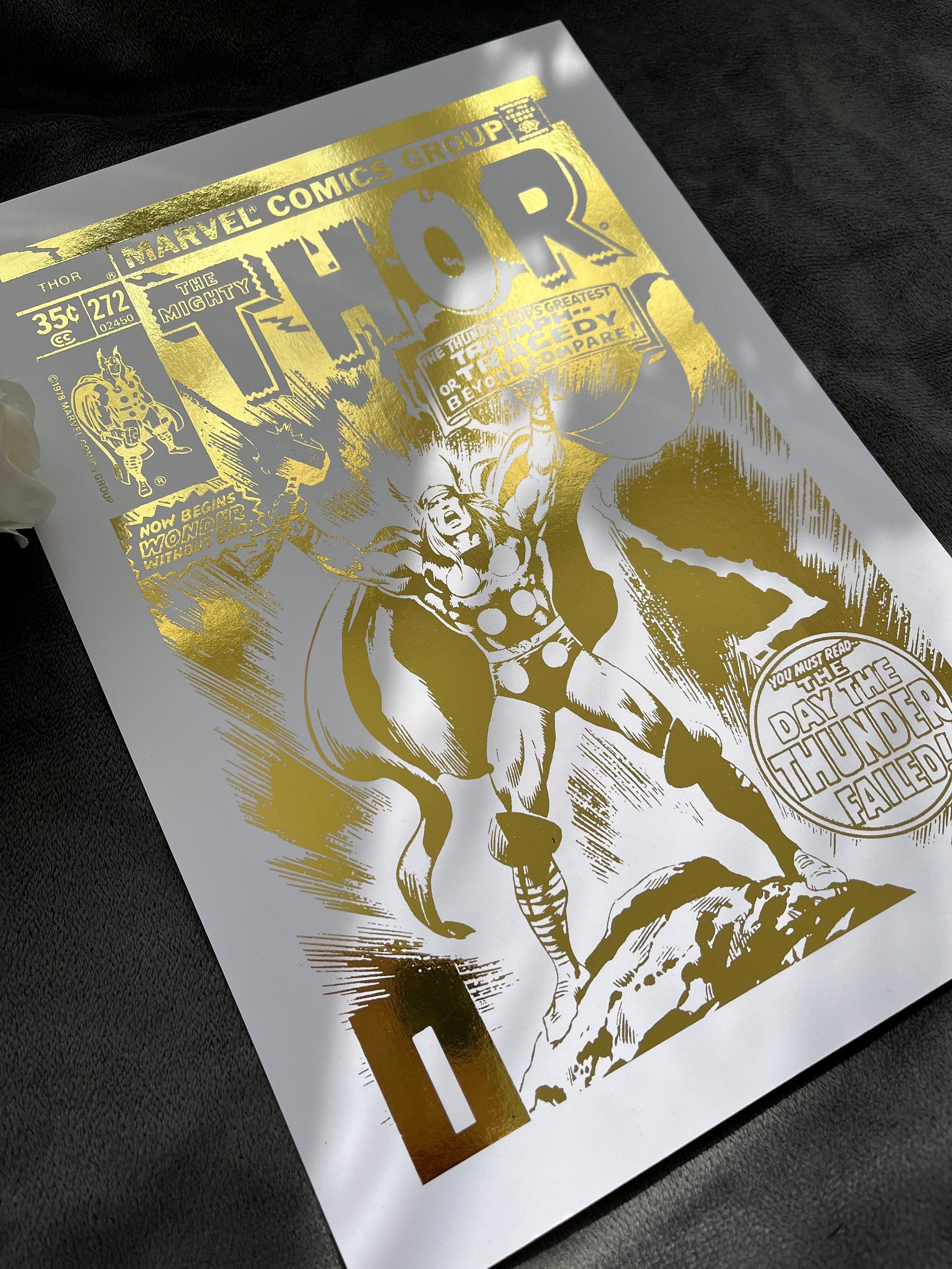 Thor Comic Cover Foil Print featuring the God of Thunder in vibrant colors with a metallic finish.